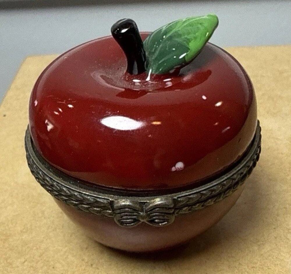 Apple Hinged Porcelain Trinket Box Red Fruit Jewelry Keepsake Limoges Style